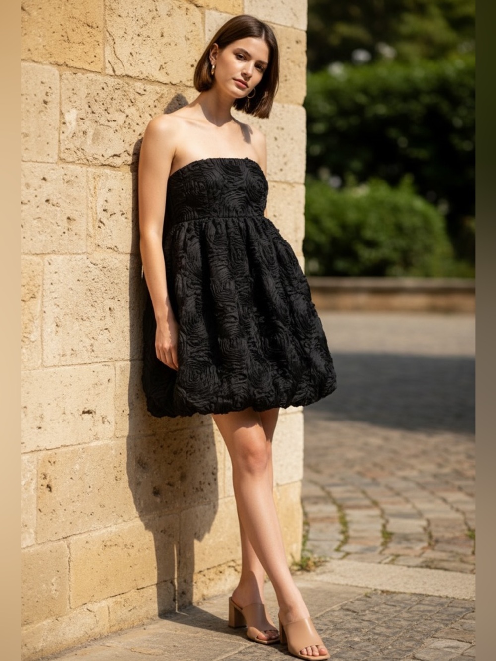 New Zara Textured Floral Mini Bubble Dress Strapless Evening Cocktail Party